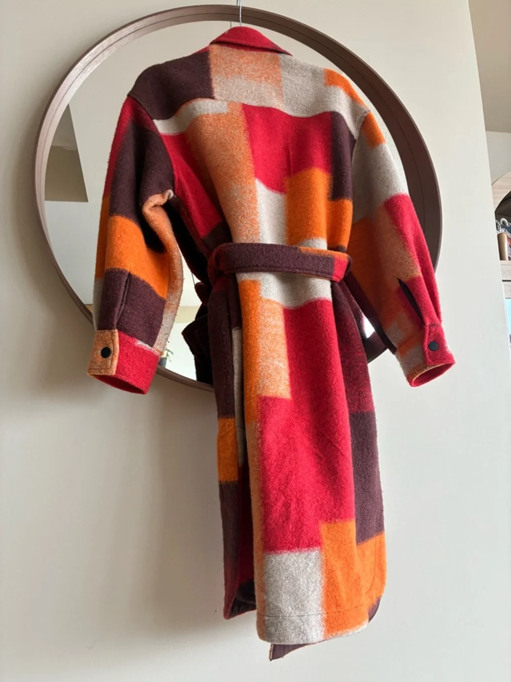 Desigual Red Orange Brown Cream Colorblock Belted Wool Coat - Picture 6 of 8